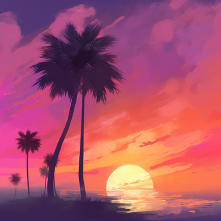 Beautiful sunset with palm trees on the beach. Vector illustration.の素材