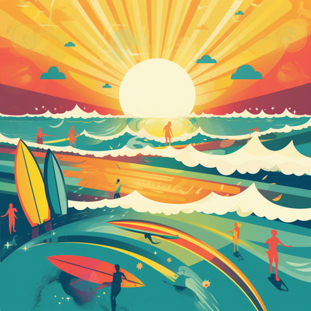 Surfers on the beach at sunset. Vector illustration in retro style.の素材