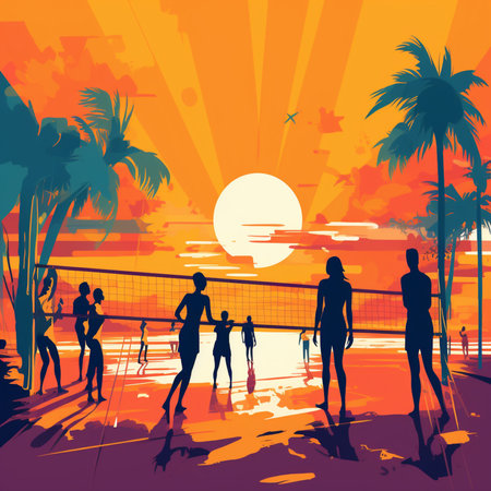 Group of people playing volleyball on the beach at sunset. Vector illustration.の素材