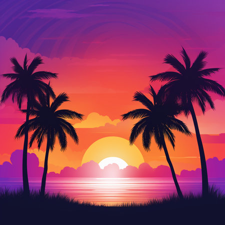 Silhouette of palm trees and sunset on the beach. illustrationの素材