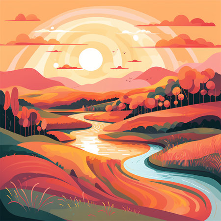 Autumn landscape with river, hills and forest. Vector illustration.の素材