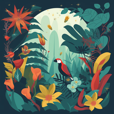 Tropical flowers and birds. Vector illustration in flat style.の素材