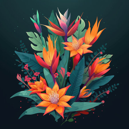 Vector illustration of a bouquet of tropical flowers on a dark background.の素材
