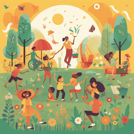 Summer picnic in the park. Group of people having fun together. Flat vector illustration.の素材