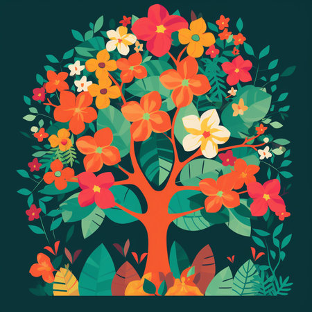 Floral tree with flowers. Vector illustration in flat style for your design.の素材