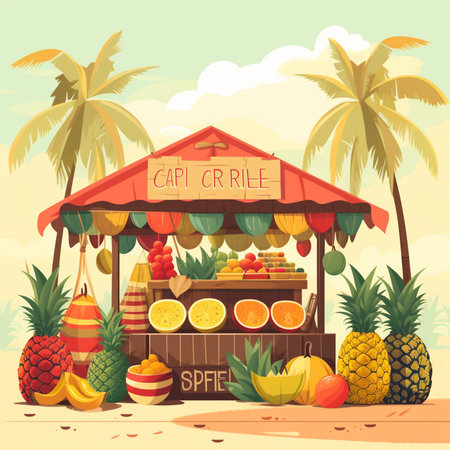 Fruit stall vector illustration. Tropical fruit stall with fruits on the beach.の素材