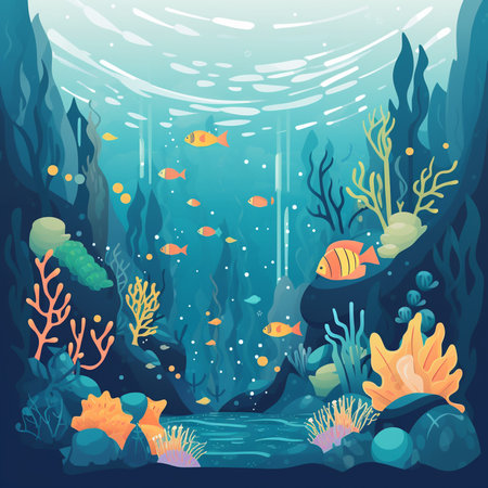 Underwater landscape with corals, fish and algae. illustrationの素材