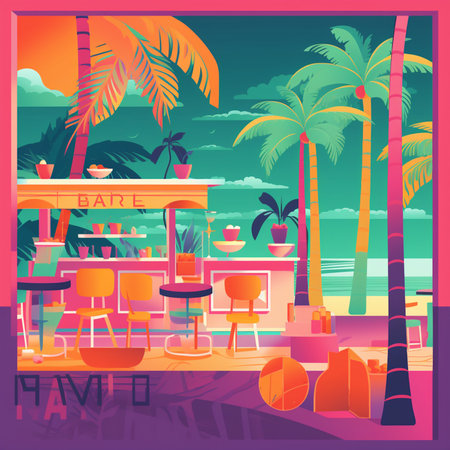 Restaurant on the beach. Vector illustration in flat style.の素材