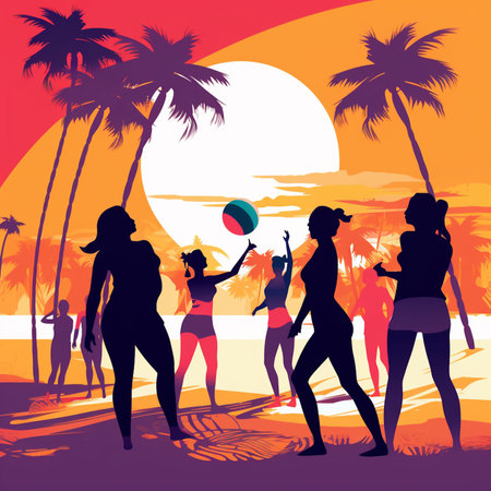 Silhouettes of women on the beach at sunset. Vector illustration.の素材