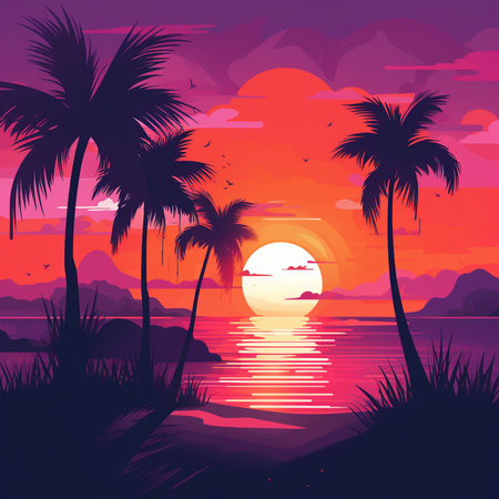 Beautiful sunset on the beach with palm trees. Vector illustration.の素材