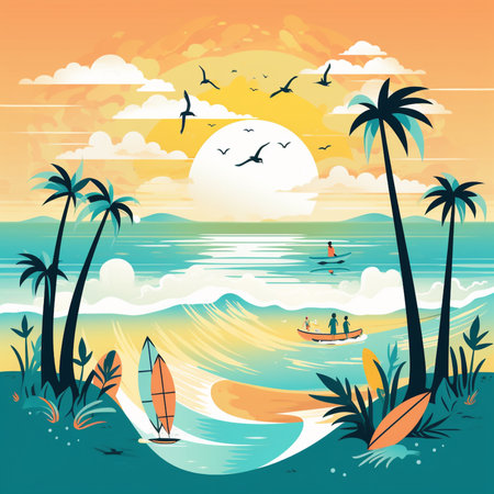 Tropical beach with palm trees and surfboard, vector illustrationの素材