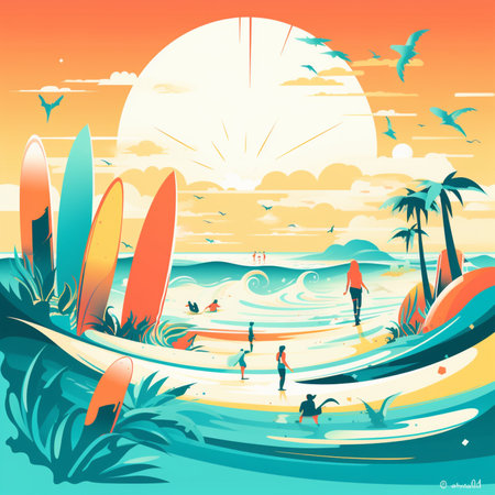 Surfers at sunset on the beach with surfboards. illustrationの素材