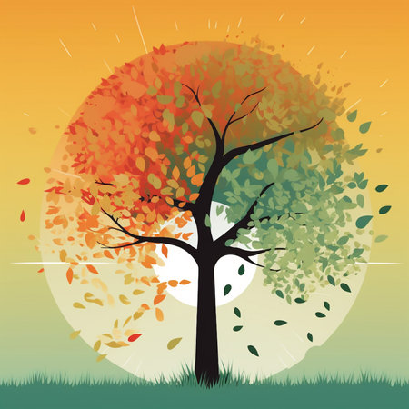 Autumn background with tree and sun. Vector illustration for your designの素材