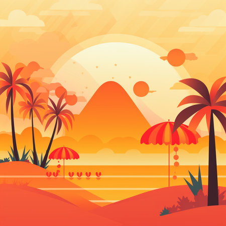 Sunset on the beach with palms. Vector illustration in flat styleの素材