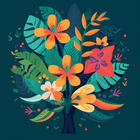 Floral background with tropical flowers and leaves. Vector illustration in flat style.の素材