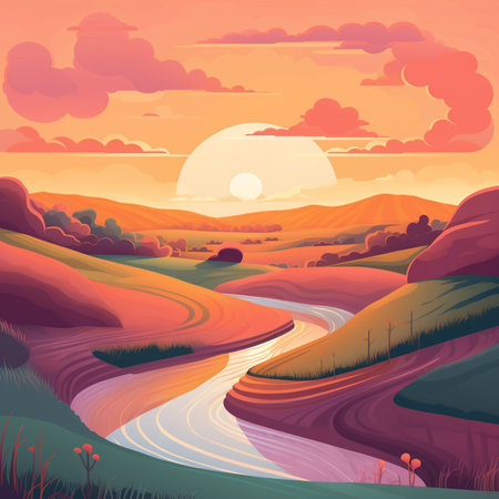 Landscape with river and hills at sunset. Vector cartoon illustration.の素材
