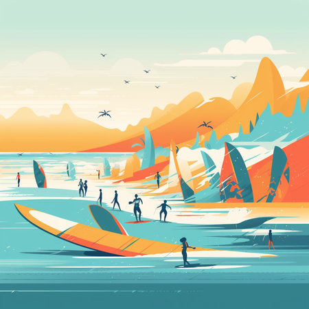 Surfers and skiers on the beach. Vector illustration.の素材