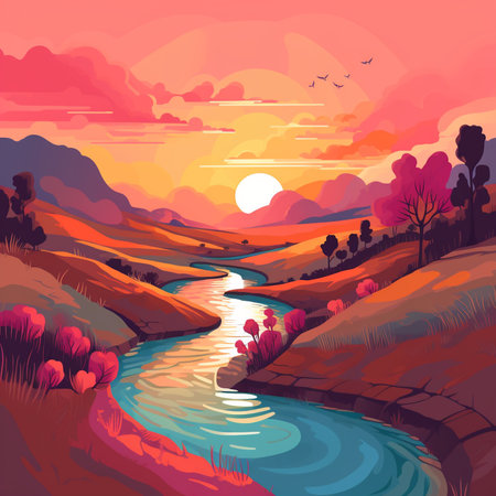Landscape with river and hills. Vector illustration in cartoon style.の素材