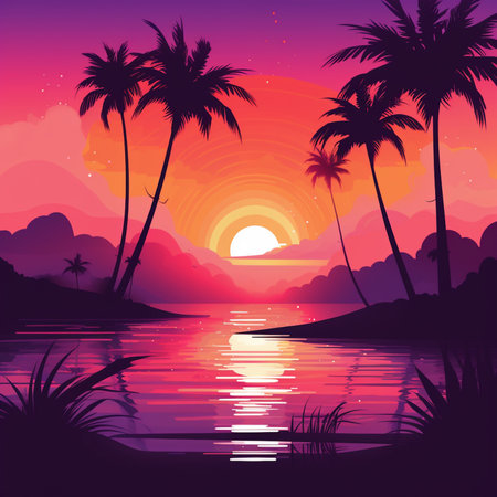 Beautiful sunset on the sea with palm trees. Vector illustration.の素材