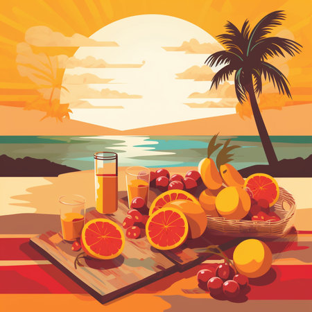 Orange juice and fruit on the beach at sunset. Vector illustration.の素材