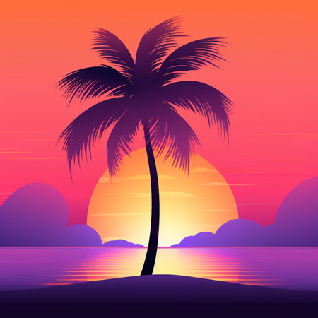 Palm trees on the beach at sunset. Vector illustration for your designの素材