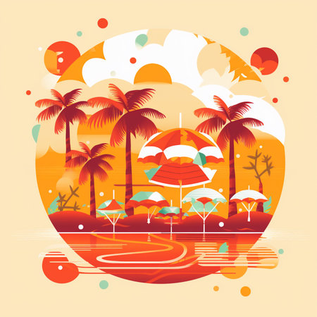 Summer holiday background with beach, umbrellas and palms. Vector illustration.の素材