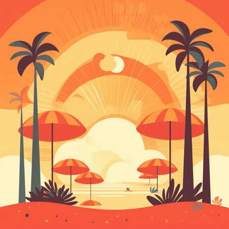 Tropical sunset with palm trees and umbrellas. illustrationの素材