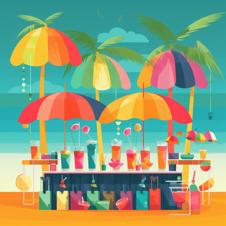 Cocktail bar on beach with umbrella and palm trees. illustrationの素材