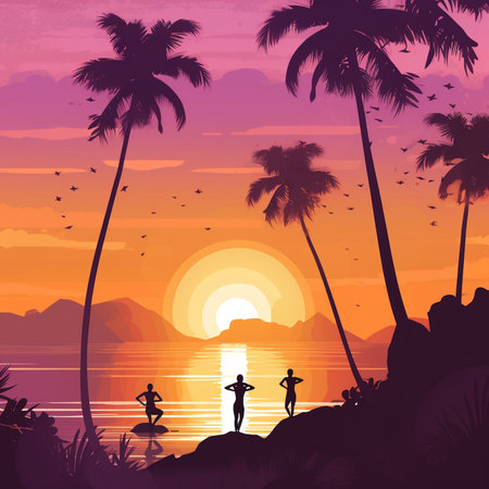 Silhouette of girls on the beach at sunset, vector illustrationの素材