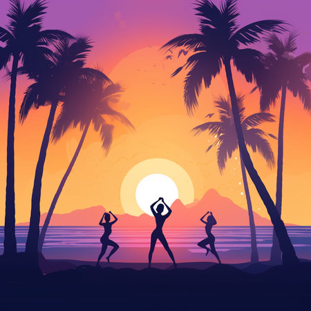 Silhouette of girls on the beach at sunset. illustrationの素材