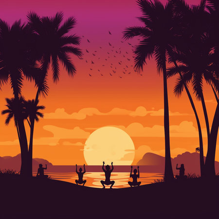 Silhouette of people on the beach at sunset. illustrationの素材