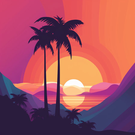 Tropical beach with palm trees and sunset, vector illustration.の素材