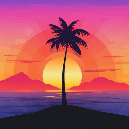 Beautiful sunset with palm trees on the island. Vector illustration.の素材