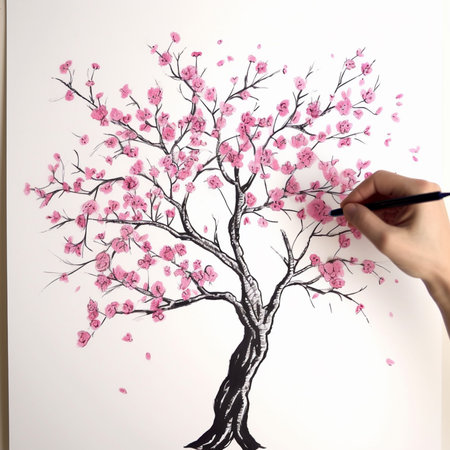 Hand drawing a tree with pink sakura flowers on white background.の素材