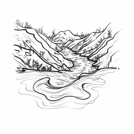 Hand drawn sketch of a mountain river. Vector illustration isolated on white background.の素材