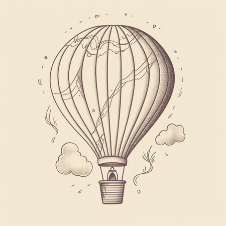Hot air balloon flying in the sky. Hand drawn vector illustration.の素材