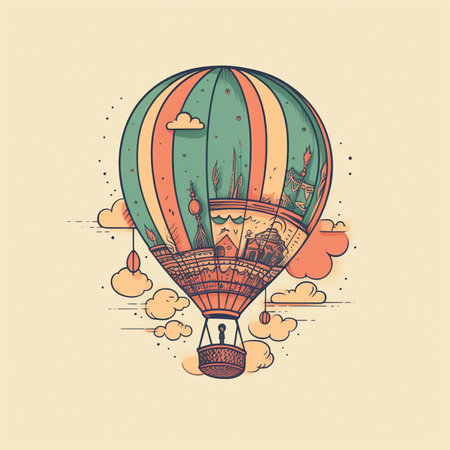 Hot air balloon in the sky with clouds. Vintage vector illustration.の素材