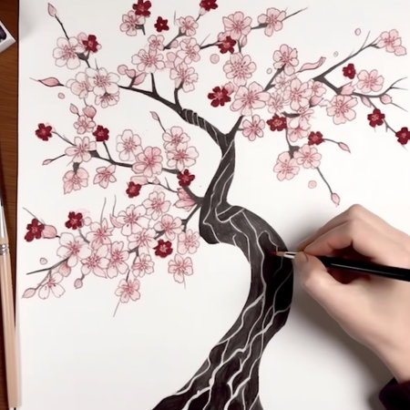 Drawing a tree with cherry blossoms on a white background.の素材