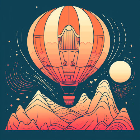 Hot air balloon flying over the mountains. Vector illustration in retro style.の素材