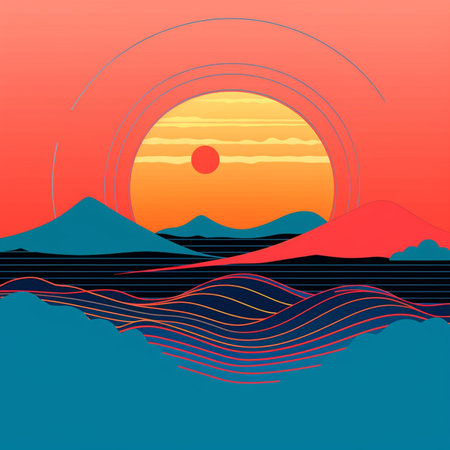 Landscape with mountains and sunset. Vector illustration in retro style.の素材
