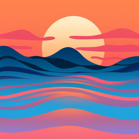Sunset on the sea with waves and mountains. Vector illustration.の素材