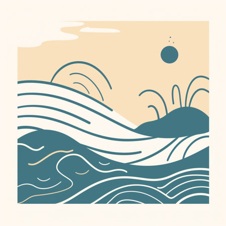Sea waves, sun and clouds. Vector illustration in retro style.の素材