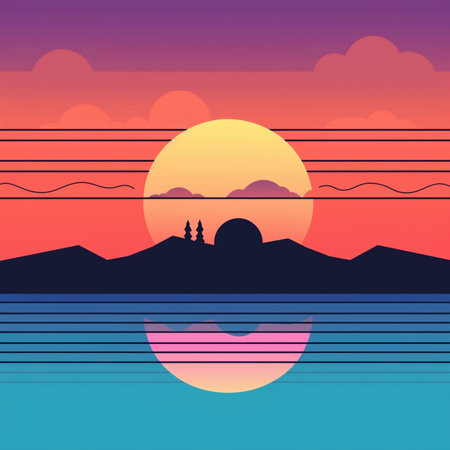 Sunset in the mountains. Vector illustration in flat design style.の素材