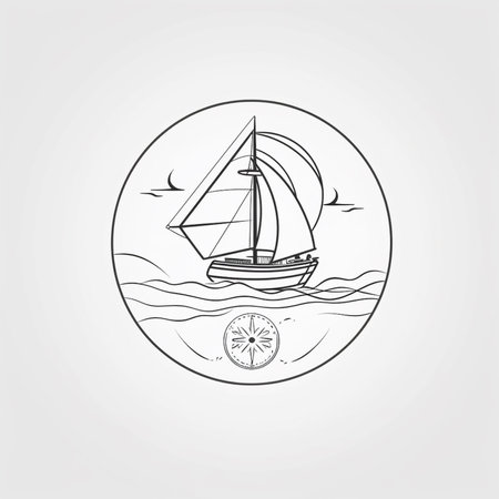 Sailing ship with a compass on the background of the sea. illustrationの素材