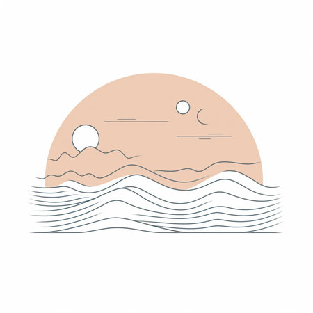 Sunset and sea waves on white background. Vector illustration in flat style.の素材