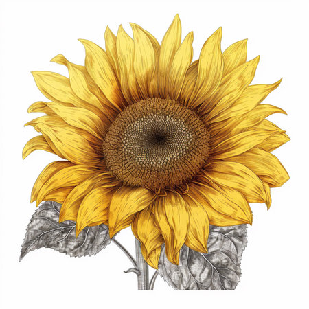 Beautiful sunflower isolated on white background. Hand-drawn illustration.の素材