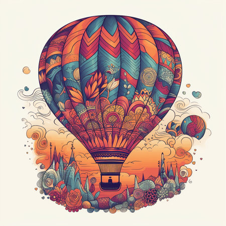 Vector hand drawn illustration of hot air balloon. Colorful doodle background.の素材