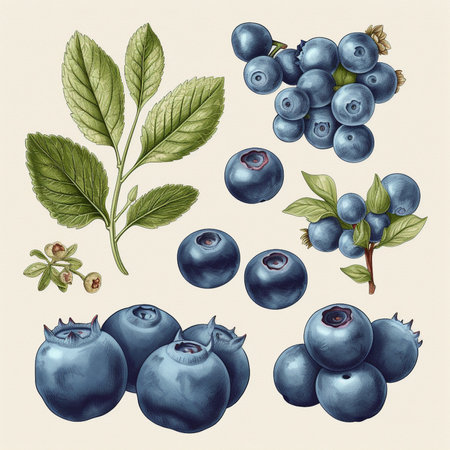 Set of blueberries on a light background. Hand-drawn illustration.の素材