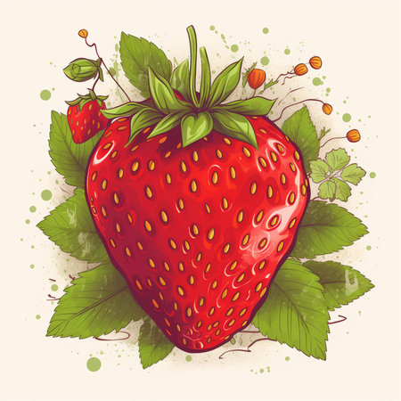 Strawberry with leaves and berries. Hand drawn vector illustration.の素材