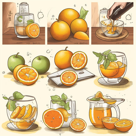 Set of hand drawn vector illustrations of oranges, juice, smoothie.の素材